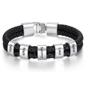 Men's double-layered black braided leather bracelet with customizable stainless steel name beads