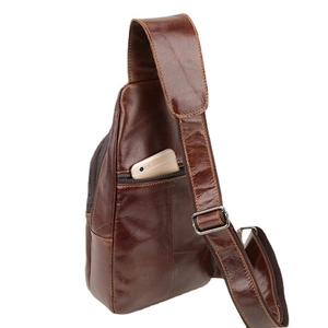 Brown vintage men's genuine leather chest bag with side zipper pocket and large capacity