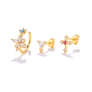 Detailed set of S925 silver earrings with marquise zircon and pink gemstone cross studs