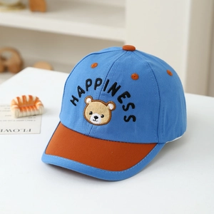 Kids baseball cap with blue body, caramel brim and happiness bear embroidery
