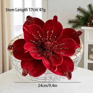 Detail of red velvet Christmas magnolia with glitter edges and dimensions marked