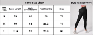 Size chart for seamless high waisted yoga leggings showing measurements in centimeters