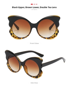 Detail view showing tortoise shell pattern and black frame on butterfly sunglasses