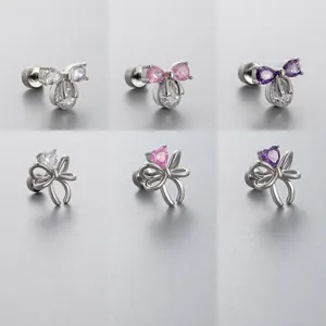 Titanium Steel Bow Zircon Ear Bone Studs Screw Back Piercing Earrings Heart Teardrop Crystal Jewelry Women