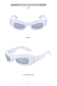 Front and 45-degree side views of white oval sunglasses with silver lenses