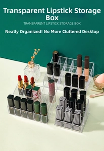 Macro shot of tiered acrylic lipstick organizer with individual compartments and cover