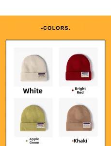 Knit beanie hats in four colors including white and red with rib-knit texture detail