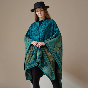 Dames Imitatie Kasjmier Open Voorkant Poncho Cape Sjaal Vintage Paisley Print Dubbelzijdig Omkeerbaar Warme Winter Mantel