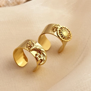 Sun Moon Star Charms Adjustable Open Rings 18K Gold Plated Stainless Steel Wide Band Vintage Celestial Jewelry