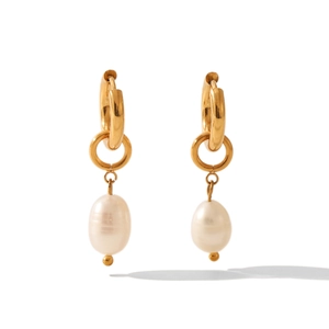 Golden titanium steel hoop earrings featuring elegant natural freshwater white pearls