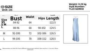 Guide des tailles avec mesures buste, taille et hanches pour robe longue satin