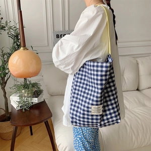 Sac Cabas En Toile À Carreaux Motif Gingham Sac À Épaule Grande Capacité Décontracté Pour Femmes Et Filles