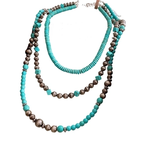 Three-layer bohemian turquoise stone beaded necklace with vintage silver metal accents