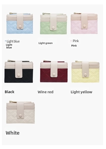 Flat lay grid showing seven colorful bifold wallets with quilted texture and snap closure