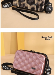 Detail of mini hardshell crossbody bag with leopard print and rose gold textured finish