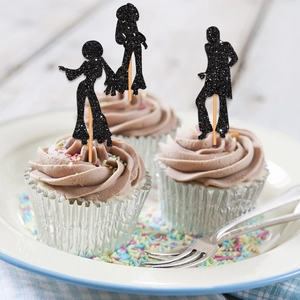 Disco birthday cake topper set with black glitter paper silhouettes for party decoration