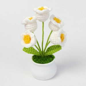 Handmade crochet lily of the valley white flower plant in a ceramic pot for gift decor