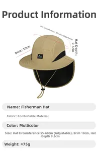 Detailed size chart for khaki outdoor fishing hat with 10cm brim and neck cover