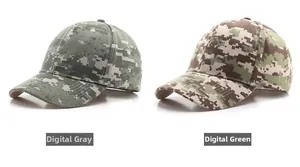 Detail of tactical baseball caps in digital grey and green camo with durable fabric