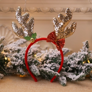 Sparkly reindeer antler headband with gold sequins and festive bell for Christmas party