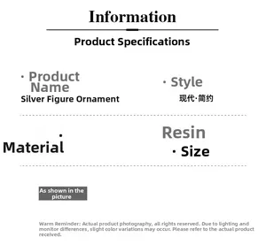 Detailed specifications table for modern silver resin thinker sculpture home decor