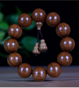 Macro detail of Wutai Mountain Liudaomu prayer beads with polished wood grain texture