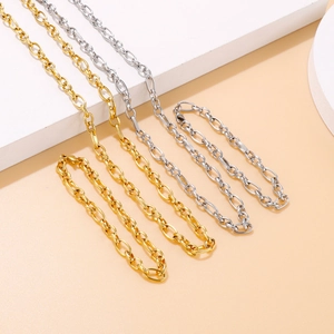 Minimalist gold and silver stainless steel oval link necklace and bracelet set jewelry