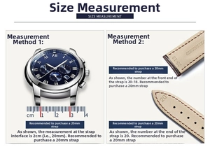 Detailed measurement guide showing 20mm width for leather watch strap on blue dial watch