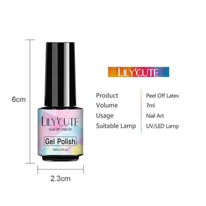 Detailed size chart and product specifications for 7ml nail art peel off latex gel polish