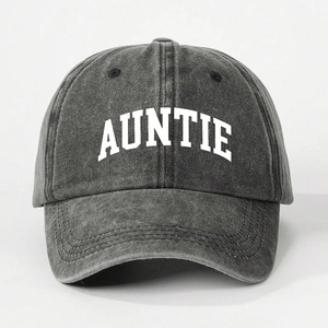 Vintage dark gray washed denim baseball cap with white AUNTIE lettering printed on front