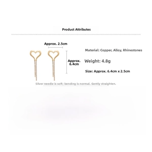 Detailed view of gold heart tassel earrings with dimensions and rhinestone materials