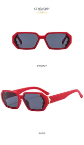 Detailed front and side view of red pixelated sunglasses with grey lenses and tiered frame