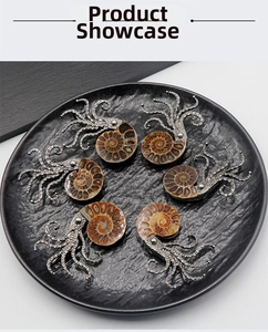 Detailed view of vintage silver octopus brooches with natural ammonite shell pendants