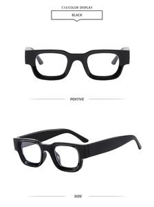 Front and side views of vintage square black frames with thick retro acetate design