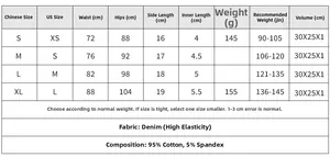 Tabella taglie per costume da scena in denim con misure vita e fianchi in cm e us