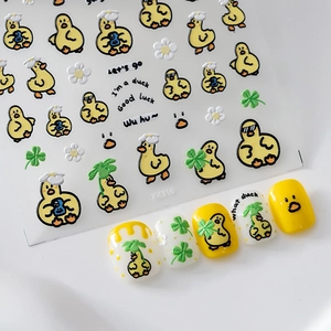 Autocollants Ongles Relief 3D PET Dessin Animé Canard Jaune Fleur Trèfle Design DIY Manucure Décoration Mignon Femmes