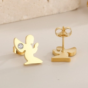 Detailed view of gold angel stud earrings with brushed metal finish and white zircon stones