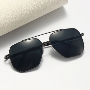 Classic black pilot sunglasses with thin metal double bridge and white leather case