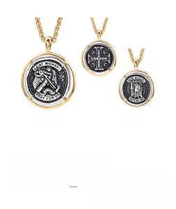 Detailed size chart showing St. Michael Archangel coin pendants with specific dimensions