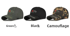 Detailed close-up of U.S. ARMY embroidery on green, black, and camouflage baseball caps