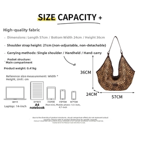 Size guide for large leopard print tote bag showing detailed dimensions and capacity storage