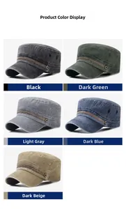 Detailed grid of washed cotton cadet caps in black, green, grey, blue and beige colors
