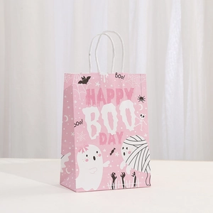 Pink Halloween kraft paper gift bag with white handles and ghost print for parties