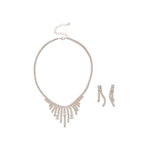 Silver square zircon tassel necklace and earring set with shimmering crystal accents