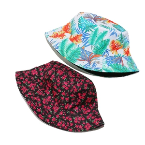 Women's sun bucket hats with tropical leaf and vintage floral prints in breathable cotton