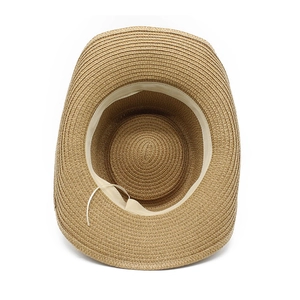 Detailed view of the straw hat interior featuring an adjustable drawstring and sweatband