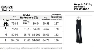 Size chart for black strapless jumpsuit with detailed measurements and material weight info
