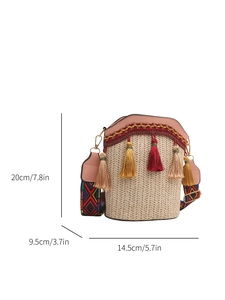 Detailed size guide of woven straw bucket bag with colorful tassels and geometric strap
