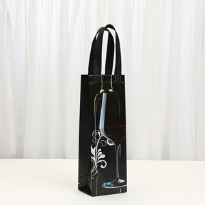 Black non-woven wine gift bag with wine glass prints and sturdy handles for bottle packaging