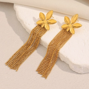 Elegant 18K gold plated stainless steel flower earrings with long pearl tassel drops